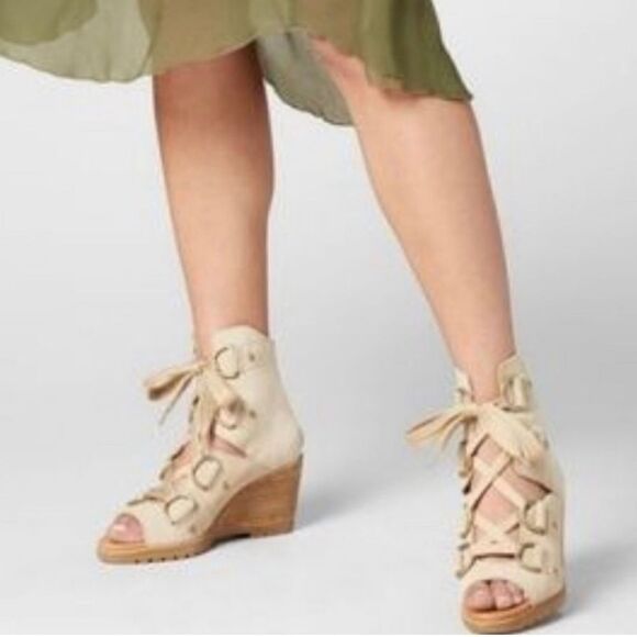 Sorel AFTER HOURS Lace Up Wedge Heel Casual Ankle Bootie Sandal in Oatmeal - Picture 2 of 16